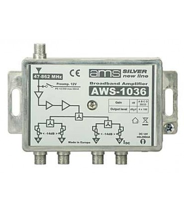 Wzmacniacz antenowy wewnętrzny AWS-1036 SilverLine 1-wejście, 4 wyjścia regulowane
