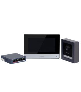 Zestaw wideodomofonowy IP Hikvision DS-KIS602  (DS-KD8003-IME1/Surface, DS-KH6320-WTE1, switch 4 x PoE, microSD 16 GB)