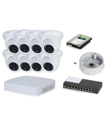 Zestaw monitoringu IP Dahua: 8x IPC-HDW1230S-0280B-S5, 1x NVR2108-S3, 1x Dysk 2TB, 1x Switch PoE PRO0208afat 8xFE(8xPoE) 2xGE 80